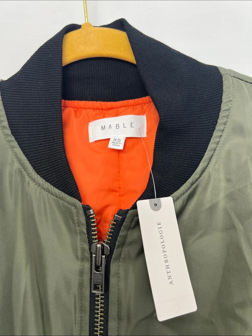 MABLE Anthropology Olive Bomber Jacket with Black Trim and Orange Lining Jacket - Picture 9 of 10
